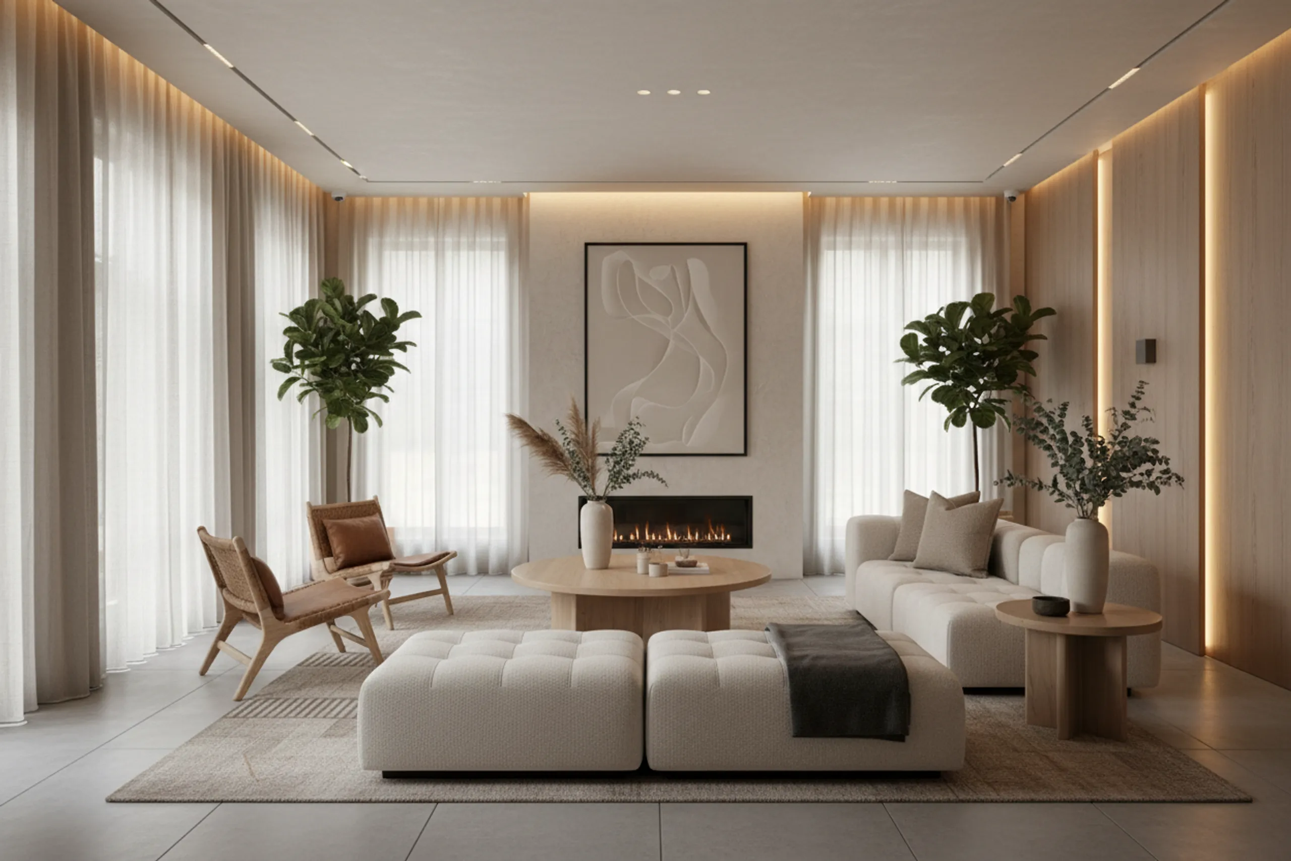 Interior de un hotel boutique con materiales naturales y luz cálida