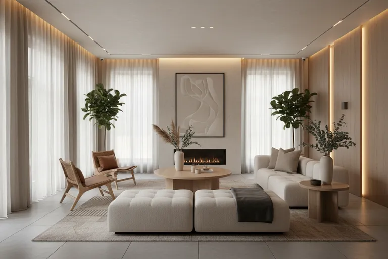 Interior de un hotel boutique con materiales naturales y luz cálida